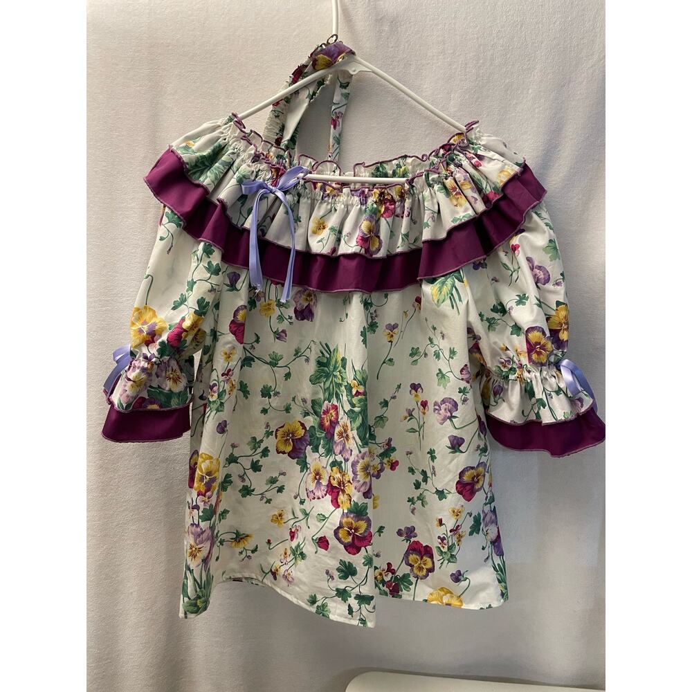 Square dancing top, shirt, hair tie & belt 4 piece pansy‎ purple green hand made